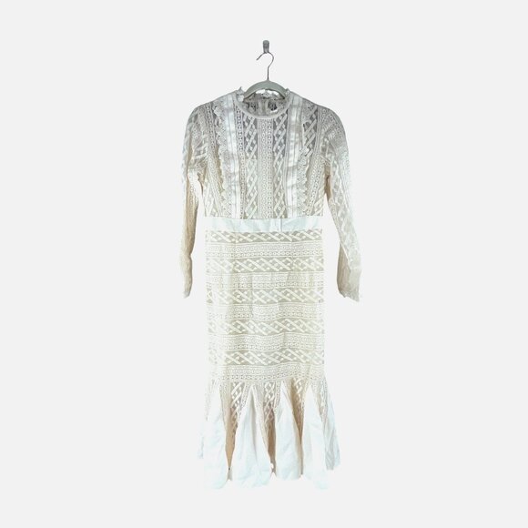 Metisu NWT Cream Sheer Lace Overlay Fishtail Midi Dress M Cottagecore Luxury - Picture 1 of 10